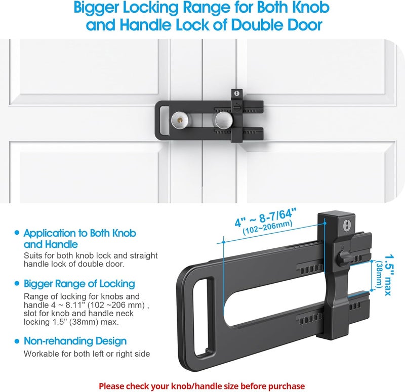 AST Double Door Lockout Device, French Door Reinforcement Lock with 3 Keys, Lockout to Double Door Knobset and Handleset, Childproof Door Lock, Premium Version (Matte Black with Key Alike) - Image 3